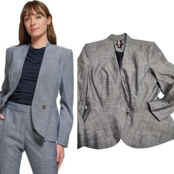 New Tommy Hilfiger Womens Collarless Button-Front suit jacket. Gray Multi 12 - Picture 12 of 13